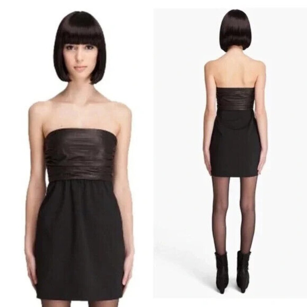 new THEORY Amandie Chateau Ruched Leather Wool Blend Strapless Dress Black 0